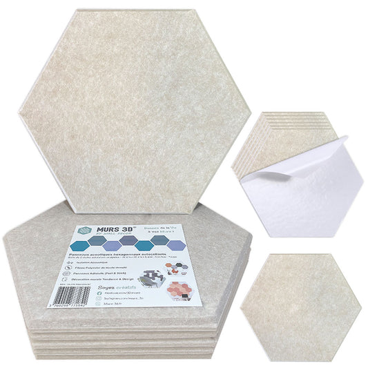 Panneaux Acoustiques Taupe Lisse – 6 Dalles Hexagonales Adhésives 30x26 cm x 9mm
