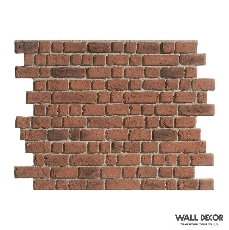 Une section de Parement Briquette Rouge - Wall Brick by Panespol™ avec des briques rouges inégales et des lignes de mortier visibles. L'image comporte un logo WALL DECOR et le slogan 