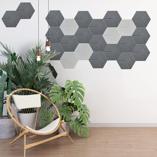 Panneaux Acoustiques Gris Texturé – 6 Dalles Hexagonales Adhésives 30x26 cm  (9 ou 18mm)