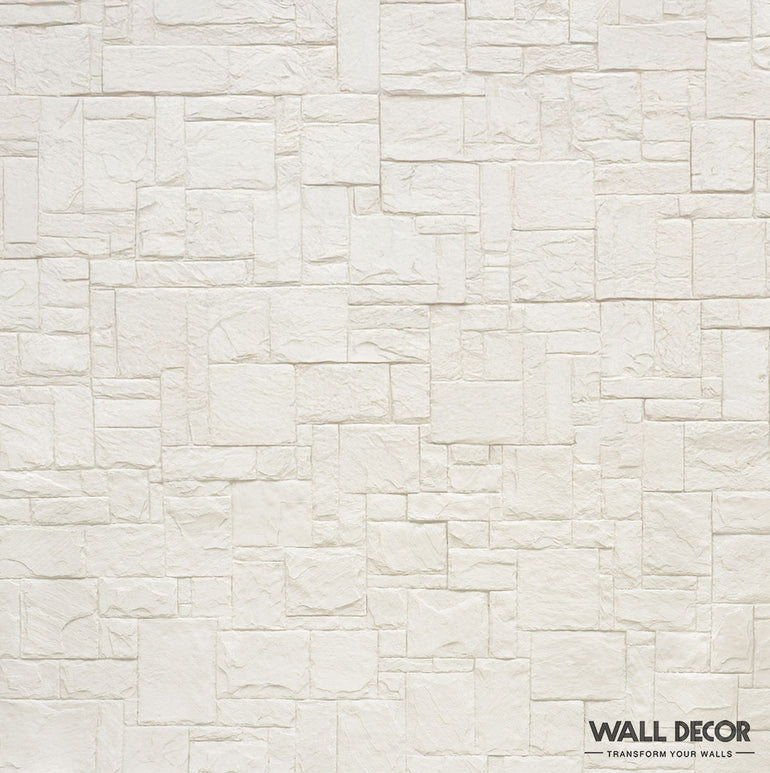 Un mur de briques blanches texturées dans un motif rectangulaire irrégulier, présentant Plaque Pierre Blanche - Style Travertin (2,85m x 1,3m : 3,7 m²) par Covering Panels™. Le logo et le slogan 