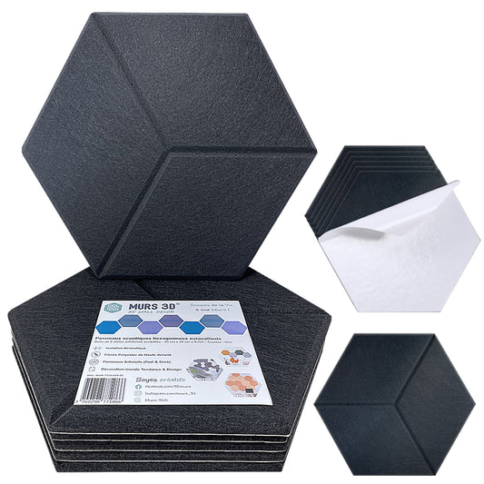 L'image montre Panneaux Acoustiques Noir Texturé by Murs 3D : six panneaux hexagonaux adhésifs (30x26 cm, 9 ou 18mm) en noir, présentés empilés et individuellement avec le support visible. L'emballage fournit des informations, des instructions et des conseils d'application.