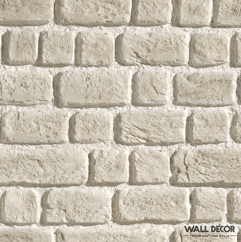 Un gros plan de l'Échantillon Parement brique Panespol™ montre des pierres blanches rectangulaires et carrées disposées en rangées, idéales pour une décoration murale élégante. L'image comporte le logo Panespol™ en bas à droite.