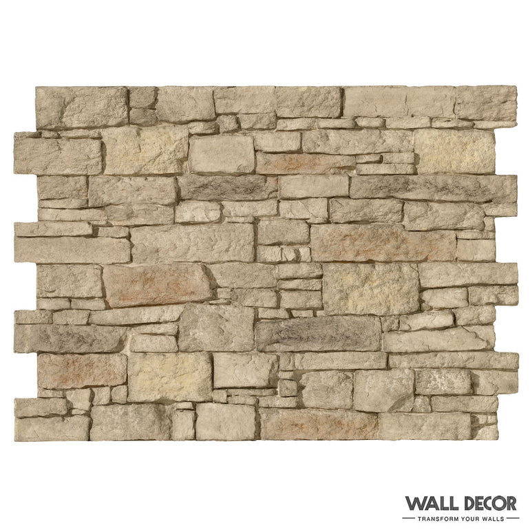 Une section rectangulaire de Parement Pierre Terruel foncé de Panespol™ présente des pierres de taille inégale de couleur beige et marron clair. WALL DECOR et 