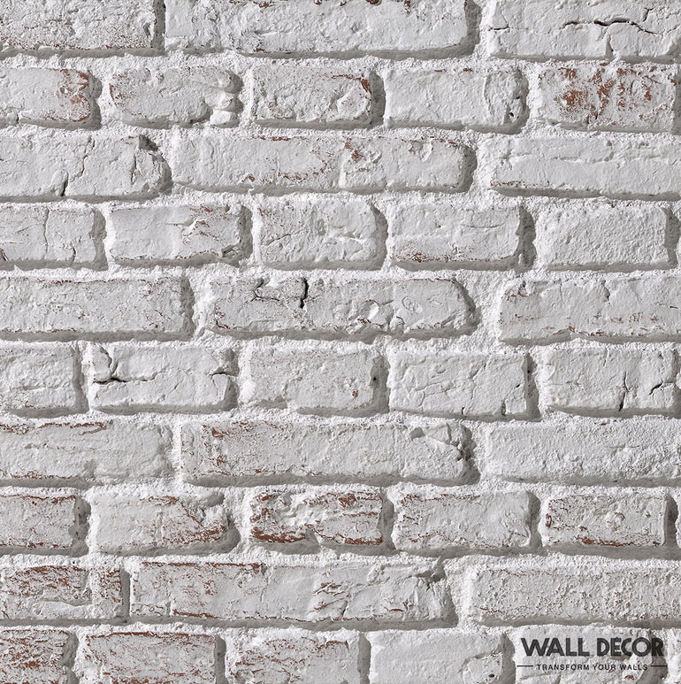 Mur rustique en briques peintes en blanc avec quelques briques rouges apparentes - idéal pour la décoration murale. Échantillon Parement brique Panespol - Choisissez votre Design ! par Panespol™. La mention 