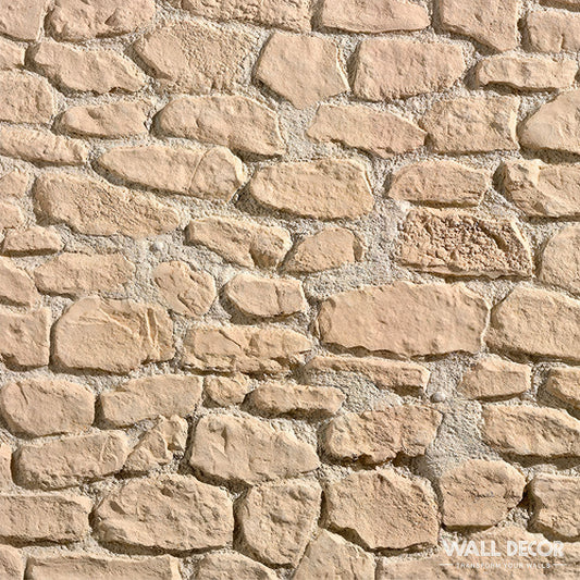 Un gros plan de la Plaque Pierre Moellon Beige by Covering Panels™ (2,85m x 1,3m, 3,7 m²) montre des pierres beiges irrégulières avec des lignes de mortier visibles. La mention "WALL DECOR" apparaît dans le coin inférieur droit.