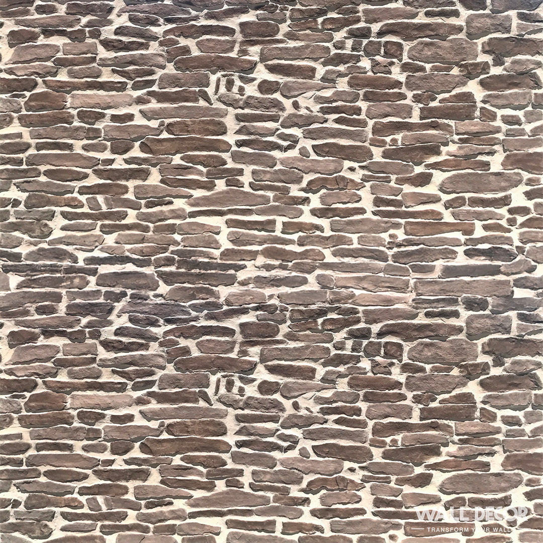 Gros plan de Covering Panels™ "Plaque Pierre marron - Pierres gneiss Ascona" (2,85m x 1,3m, 3,7 m²) : effet de mur en pierre rustique avec des pierres brunâtres irrégulières et un mortier léger pour un aspect texturé et naturel.