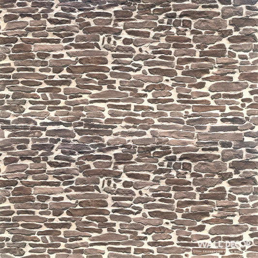 Gros plan de Covering Panels™ "Plaque Pierre marron - Pierres gneiss Ascona" (2,85m x 1,3m, 3,7 m²) : effet de mur en pierre rustique avec des pierres brunâtres irrégulières et un mortier léger pour un aspect texturé et naturel.