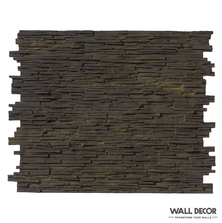 Le Parement Pierre noire - Laja Fina de Panespol™ présente des carreaux de pierre sombres et empilés avec une texture rustique et de subtiles variations de couleurs, disposés pour un accent de décoration murale moderne. La marque Wall Decor apparaît dans le coin.
