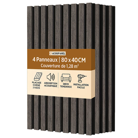 Un paquet de Panneaux Tasseaux Acoustiques Chêne noir - 1,28m² par Acoupanel™, contenant 4 panneaux (80 x 40 cm), présente une finition chic chêne noir, absorbe le son, arbore un design tendance et offre une installation facile.