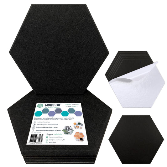 Panneaux Acoustiques Noir Lisse – 6 Dalles Hexagonales Adhésives 30x26 cm x 9mm