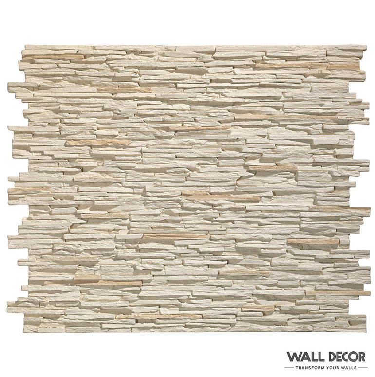 La section rectangulaire de panneaux muraux en pierre empilée beige (Parement Pierre beige - Laja Fina de Panespol™) présente un aspect texturé et stratifié. Les mentions 