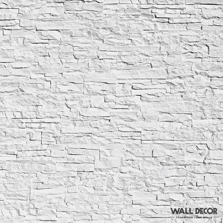 Plaque Pierre Blanche - Laja (2,85m x 1,3m) by Covering Panels™ : panneau mural texturé blanc avec un motif rugueux en forme de pierre et une disposition horizontale irrégulière - idéal pour revêtement extérieur ou parement blanc extérieur.