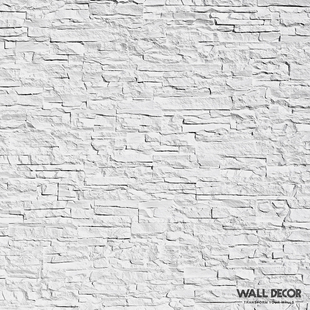 Plaque Pierre Blanche - Laja (2,85m x 1,3m) by Covering Panels™ : panneau mural texturé blanc avec un motif rugueux en forme de pierre et une disposition horizontale irrégulière - idéal pour revêtement extérieur ou parement blanc extérieur.