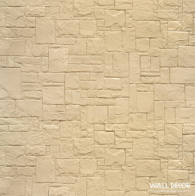 Plaque Pierre Ocre - Style Travertin (2,85m x 1,3m : 3,7 m²) de Covering Panels™ présente un motif mural en pierre beige composé de rectangles et de carrés à l'aspect texturé. Le logo 