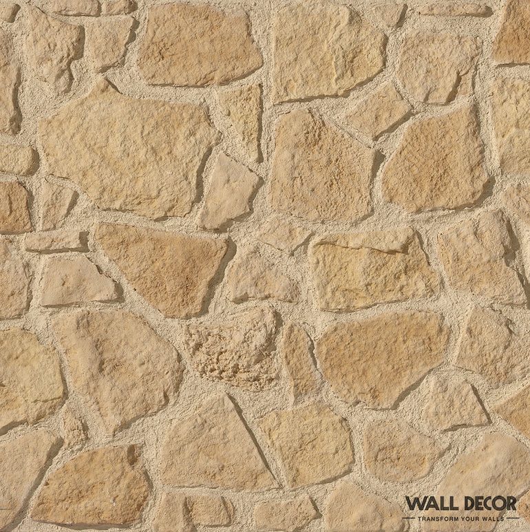 Un mur rustique en pierre beige avec des pierres irrégulières et rugueuses dans un motif naturel, avec le texte 