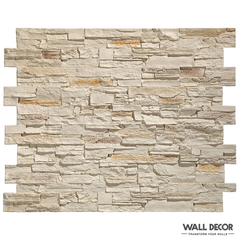 Parement Pierre Beige rectangulaire - Revêtement mural Pizarra de Panespol™, présentant une surface rugueuse et irrégulière en pierre beige avec des tons marron clair et jaunâtres. Marque marquée discrètement dans le coin inférieur droit.