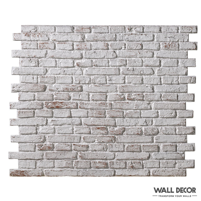 Le panneau mural Parement Brique Anciennes - Country Brick de Panespol™ présente une texture réaliste de fausse brique et de mortier blanchis à la chaux avec des bords décalés - un moyen facile d'améliorer votre décor pour un look moderne et élégant. WALL DECOR Transformez vos murs.