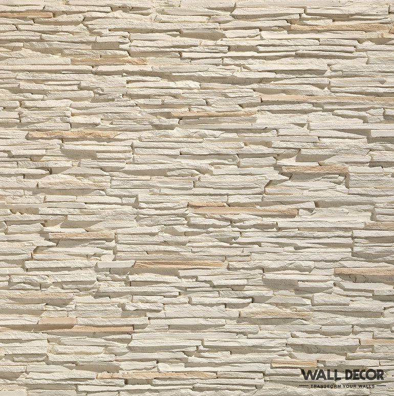Le Parement Pierre beige - Laja Fina de Panespol™ présente des pierres empilées beiges avec des couches horizontales et irrégulières et des textures rugueuses pour un aspect naturel et rustique - parfait pour la décoration murale.