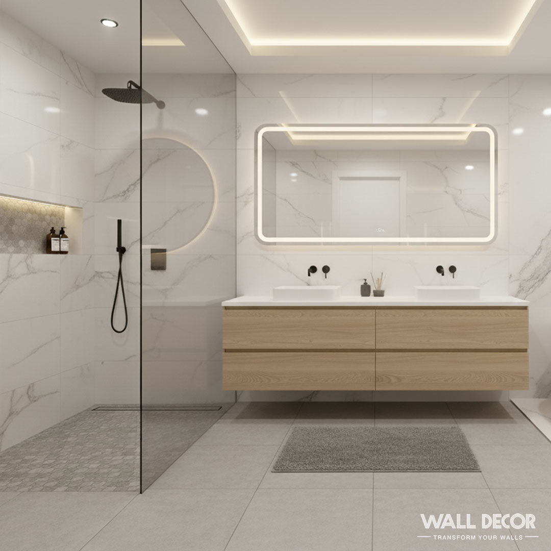 Salle de bains lumineuse et minimaliste avec panneaux muraux Murs 3D by Wall Decor Panneaux SPC Marbre Blanc Oslo, douche en verre, meuble-lavabo flottant en bois avec double vasque, grand miroir éclairé, étagère intégrée pour les articles de toilette, tapis gris et accessoires inspirés de la CSS.