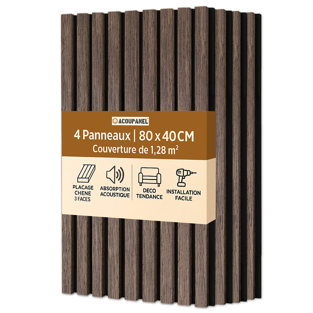 Un lot de 4 Panneaux Tasseaux Acoustiques Chêne Marron Acoupanel™, 80x40cm chacun, couvrant 1,28m². Étiquette : placage chêne, absorption acoustique, design tendance et installation facile (HTML/CSS en français).