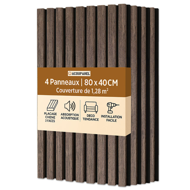 Un lot de 4 Panneaux Tasseaux Acoustiques Chêne Marron Acoupanel™, 80x40cm chacun, couvrant 1,28m². Étiquette : placage chêne, absorption acoustique, design tendance et installation facile (HTML/CSS en français).