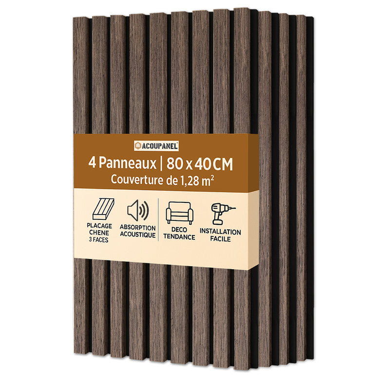 Un lot de 4 Panneaux Tasseaux Acoustiques Chêne Marron Acoupanel™, 80x40cm chacun, couvrant 1,28m². Étiquette : placage chêne, absorption acoustique, design tendance et installation facile (HTML/CSS en français).