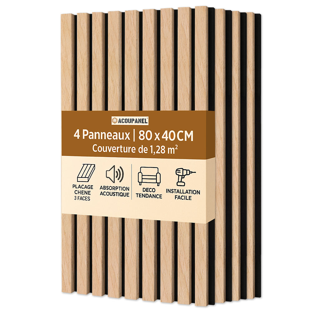 Image de quatre Panneaux Acoupanel™ Tasseaux Acoustiques Chêne Clair (80 x 40 cm chacun) couvrant 1,28m². Caractéristiques d'absorption acoustique, décor élégant et installation facile - idéal pour des solutions d'insonorisation efficaces.