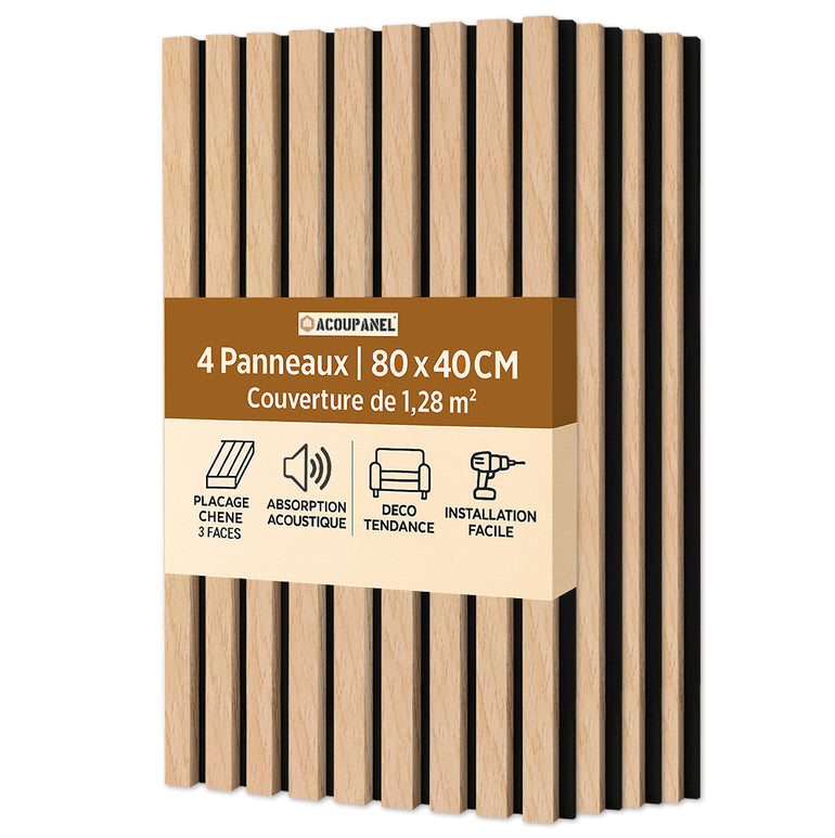 Image de quatre Panneaux Acoupanel™ Tasseaux Acoustiques Chêne Clair (80 x 40 cm chacun) couvrant 1,28m². Caractéristiques d'absorption acoustique, décor élégant et installation facile - idéal pour des solutions d'insonorisation efficaces.